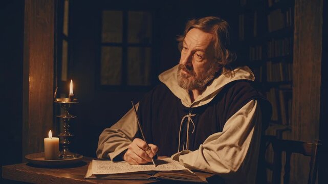 A contemplative scene of a man in a dimly lit library, captured from a side angle. The video evokes a sense of solitude and reflection.