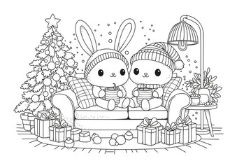 Two cute bunnies sit on the couch and drink hot cocoa. The atmosphere is Christmas and New Year. Black and white illustration for coloring.