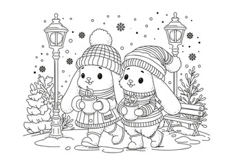 Naklejka premium Cute bunnies strolling in winter, holding mugs of hot cocoa in their paws. Coloring page. Black and white illustration for coloring.