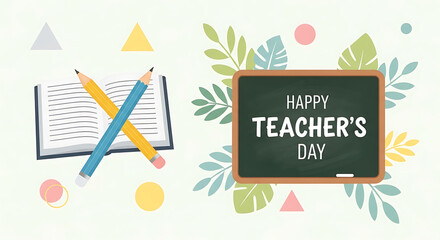 Happy Teacher's Day Chalkboard Greeting Card Illustration with Book, Pencils, and Pastel Botanical Elements