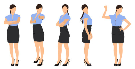 Obraz premium Set of elegant business young woman in different poses set. Various gestures Isolated vector illustration