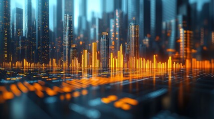 Futuristic city with orange data overlay