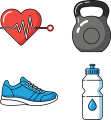 A set of four outlined fitness and health icons in a flat design style, featuring a heart with a heartbeat line, a kettlebell, a running shoe, and a water bottle with a water drop.
