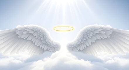 Fototapeta premium Realistic photograph of white angel wings placed on a soft cloud surface with a glowing golden halo above, representing purity, holiness, and divine peace for All Saints Day