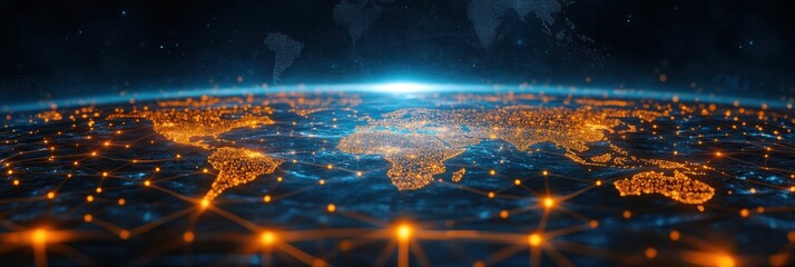 Global network map, world interconnected by digital lines