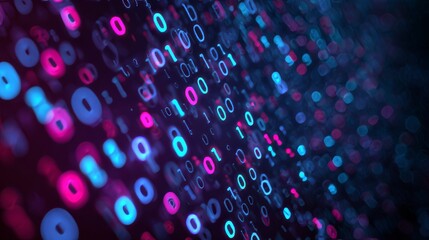 Abstract digital representation of data streams, composed of illuminated binary code in blue, pink, and purple. Bokeh effect