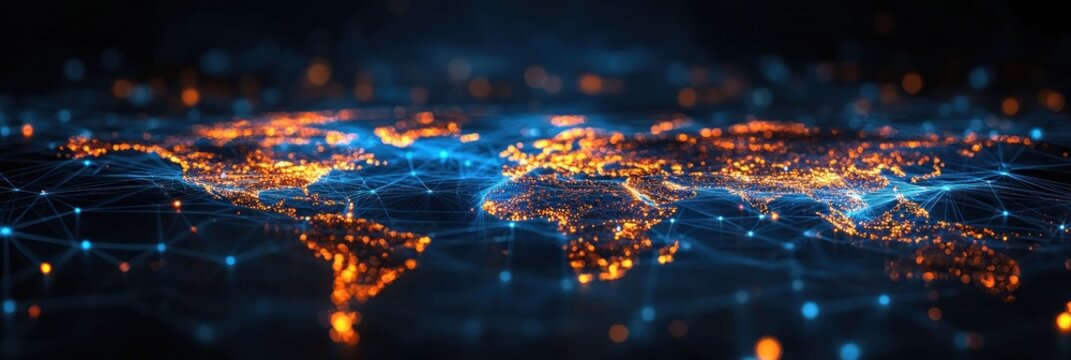 Global network map with glowing city lights