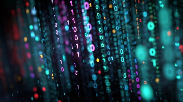 Dynamic, colorful cascade of digital bits, binary code flowing through a dark space, vibrant and abstract