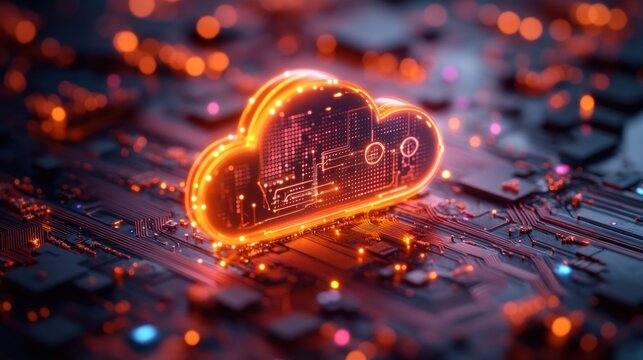 Glowing cloud icon on circuit board