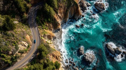 Aerial shot of a winding road clinging to a cliffside with crashing waves against the rocky shore and turquoise waters