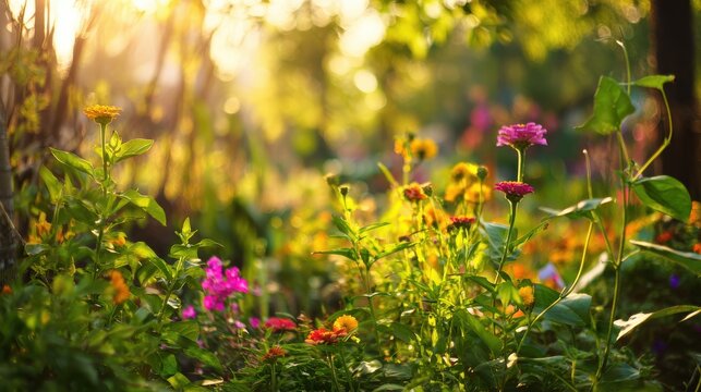 flowers. A vibrant garden blooms under golden sunlight, flowers and foliage glowing with natural radiance. gardening catalogs, home-decor guides, designed for home decor and floral branding.
