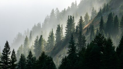 Obraz premium Mountain slope densely packed with evergreen trees shrouded in a soft, ethereal mist, touched by sunlight