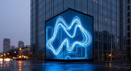 Modern building with a large screen displaying a blue abstract design at night, with blurred city lights in the background, for advertising