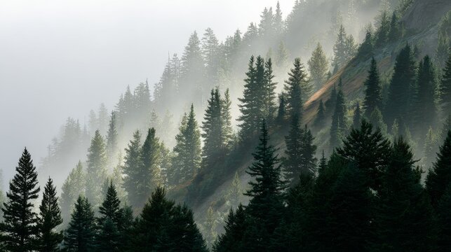 Mountain slope densely packed with evergreen trees shrouded in a soft, ethereal mist, touched by sunlight