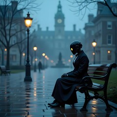 Lonely Robot Sitting on a Bench in a Foggy City Street at Night, Generated AI