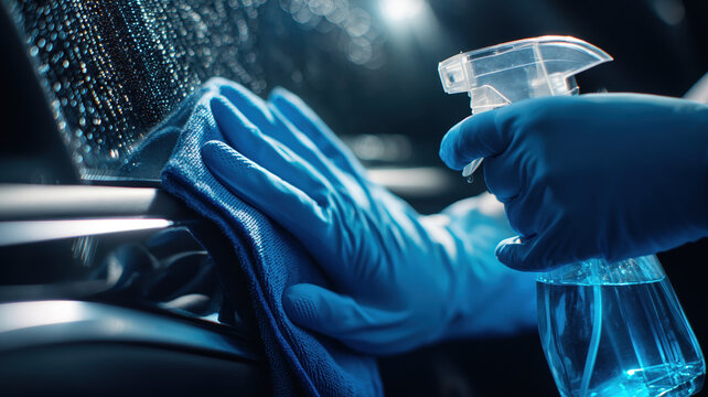 Cleaning Worker Hands In Blue Gloves With Spray Bottle Disinfecting Surface Blue Neon Light Environment