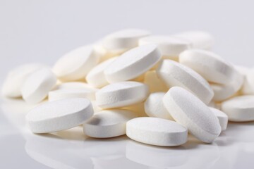 Heap of White Pharmaceutical Tablets: Medication, Healthcare, Pain Relief, Cure, Antibiotics Dosage, Medical Treatment, Pills for Wellness, Pharmacy Industry and Clinical Study Concept