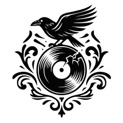 Fototapeta premium Flying Raven and Shattered Vinyl Record 