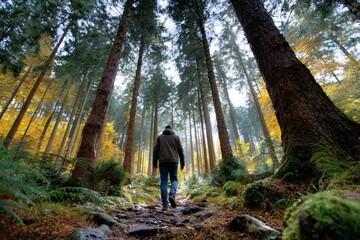 Obraz premium Man walking forest path in autumn with tall trees