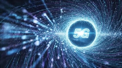 Futuristic 5G tunnel video with glowing data streams flying into digital core - Powered by Adobe