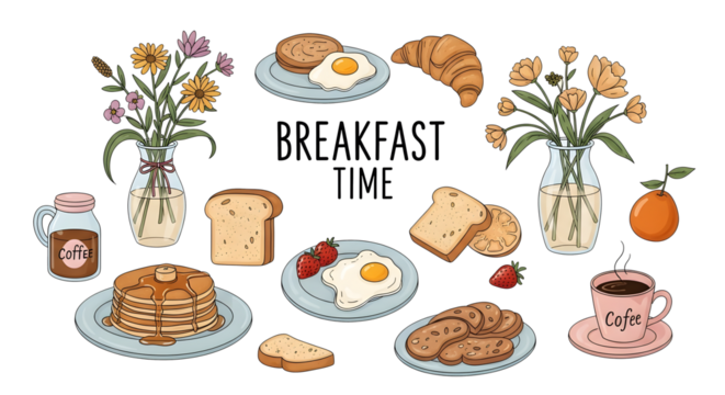 A delightful hand drawn illustration of a breakfast spread with flowers and coffee isolated on transparent background - Powered by Adobe