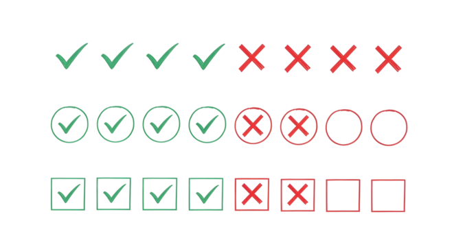 Collection of hand drawn checkmarks and crosses in green and red isolated on transparent background