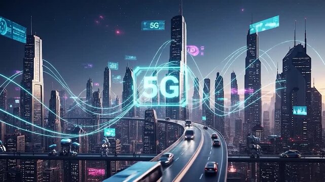 High tech urban mobility video with digital 5G lines streaming above buildings
