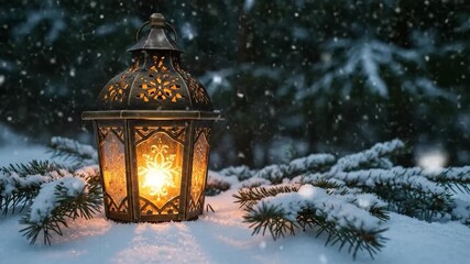 Peaceful winter evening video with candle lantern shining in snowy landscape - Powered by Adobe