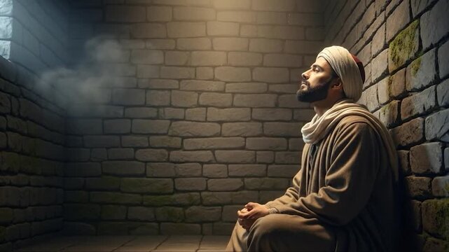 Dramatic worship video with believer kneeling in ray of light through barred window