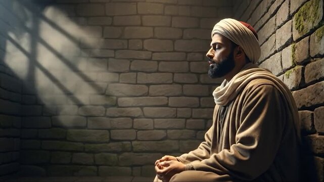 Contemplative faith video showing religious man meditating alone in prison room