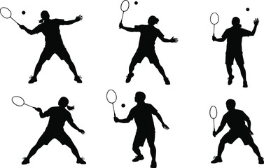 Badminton player silhouettes, action poses, racket swings, shuttlecock interaction, athletic motion, sports icon set, black illustration, dynamic stance