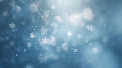 Fototapeta premium precipitation. Softly falling snowflakes in a winter scene with a cool blue atmospheric glow. travel magazines, destination branding, designed for outdoor magazines and nature guides.