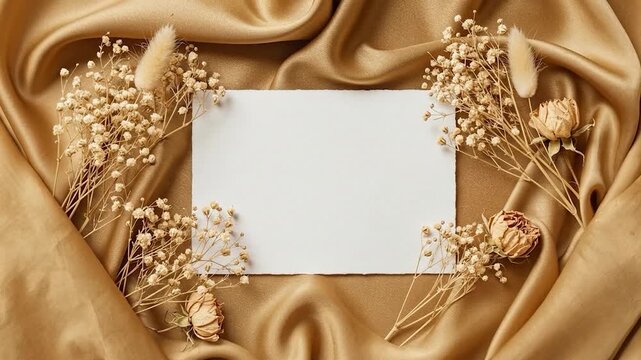 Aesthetic card mockup video with beige flowers on shimmering satin cloth