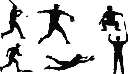 Stylized baseball player illustrations, artistic styles, batting, pitching, catching, running, cartoon, line art, polygonal, silhouette set