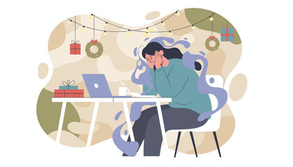 Stressed woman suffering holiday burnout while working Christmas depression and anxiety concept