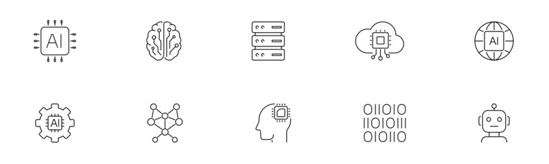 Artificial Intelligence line icon set. Minimal outline AI icons. Technology, innovation, automation, and machine learning projects. Vector illustration.