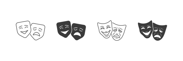Theatre masks icon set. Comedy and tragedy symbols. Classic theatrical masks. Vector illustration.