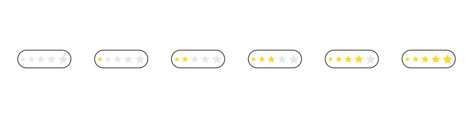 Star rating bars icon set. Rating levels from 0 to 5 stars. Minimal UI design. Vector illustration.