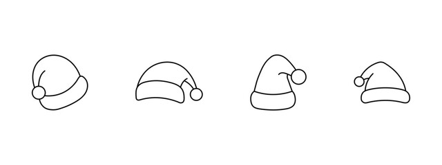 Line icon set of Santa hats. Minimalist outline icons of Christmas caps with pom-poms. New Year graphics, and Christmas-themed projects. Vector illustration.
