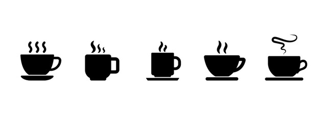 Coffee cup icon set. Black silhouette symbols of hot drinks, tea, and espresso mugs with steam. Vector illustration.