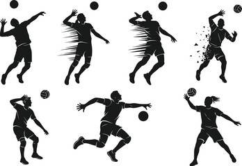 Stylized volleyball player silhouettes, action poses, spiking, serving, jumping, motion effects, sports icon set, black illustration
