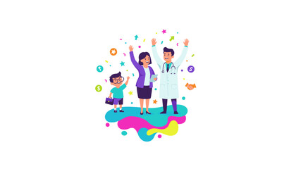 Doctor woman and child celebrating achievement in health and finance