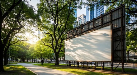 Blank billboard in a park with trees and sunlight shining through the leaves, with city buildings in the background, creating a peaceful urban scene