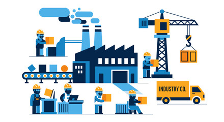 Manufacturing industry illustration showing factory workers production process construction and delivery logistics
