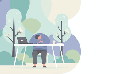Tired worker sleeping on a desk with a laptop in a stylized winter park setting Burnout concept