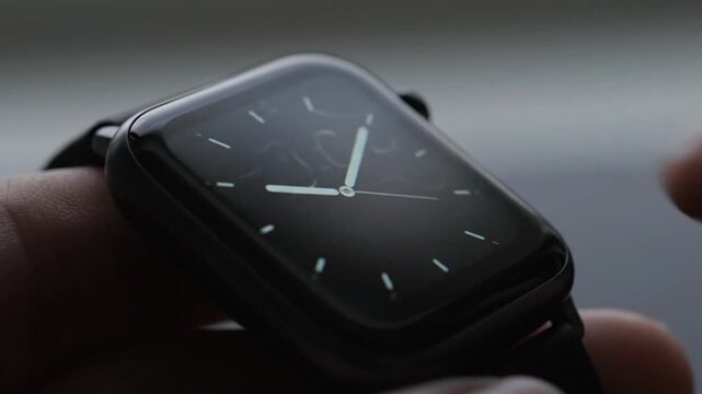 Close-up of a hand holding a sleek black smartwatch with a dark face