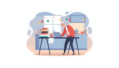 Stressed senior man working on a laptop surrounded by books in a holidaydecorated home kitchen