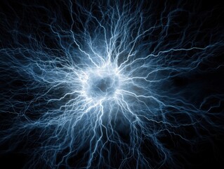Dynamic blue electric energy burst radiating from a bright core into darkness, representing power and innovation.