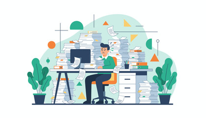 Office worker buried in massive paperwork piles Heavy workload stress and professional burnout concept