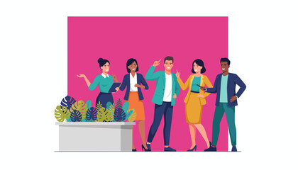 Diverse business professionals brainstorming concepts and presenting ideas in a vibrant setting